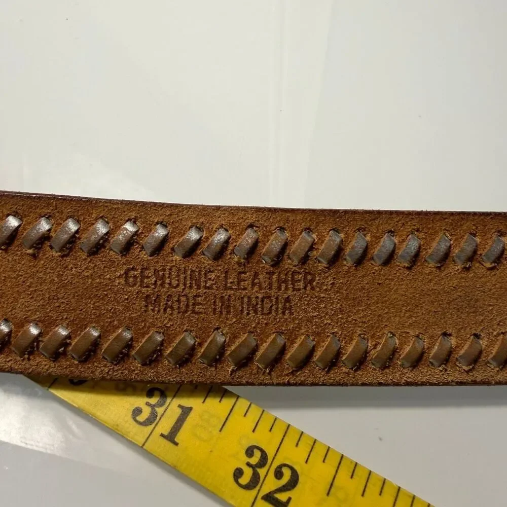 Genuine Leather Brown Whipstitch Western Belt Silver Buckle Size 34